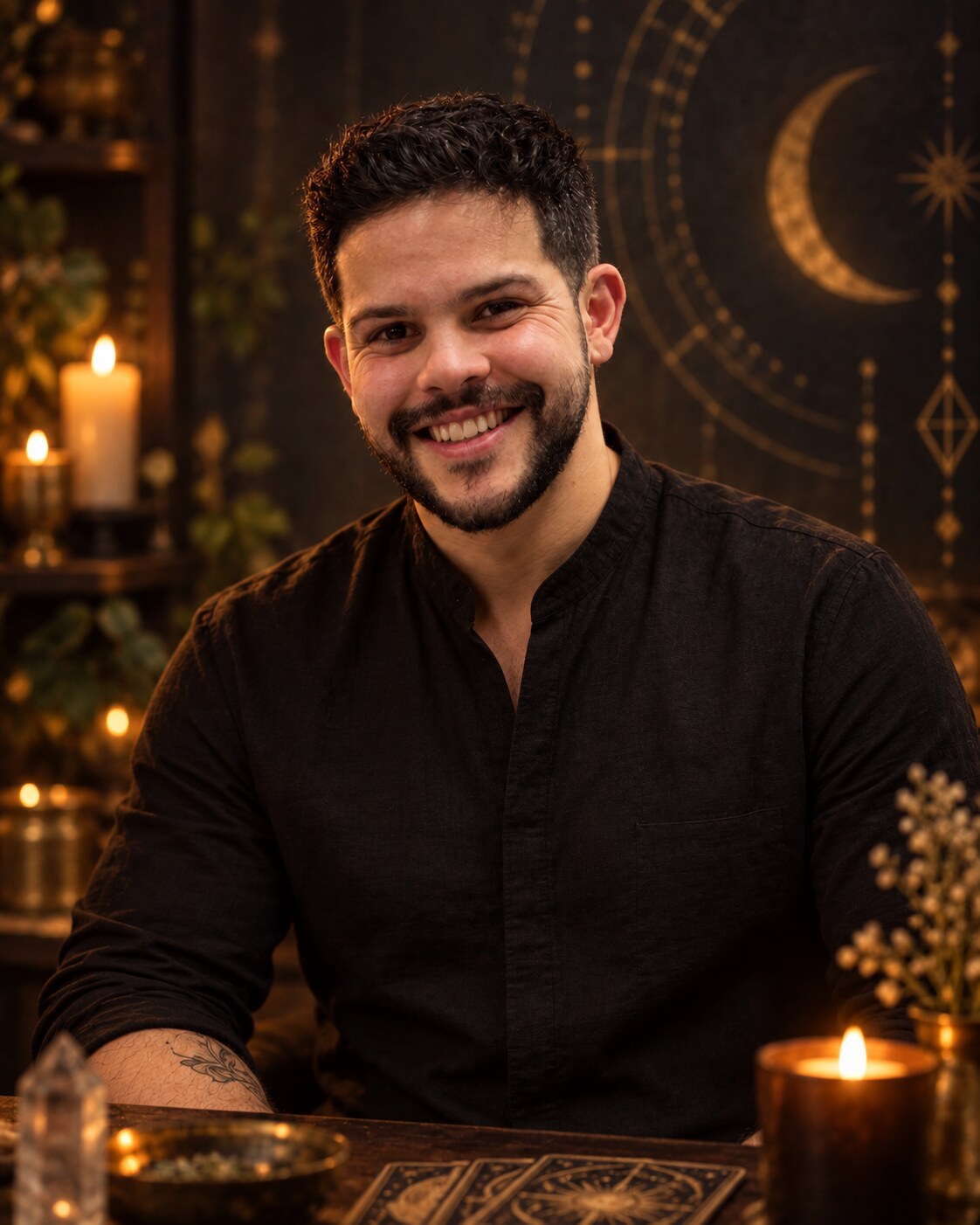 Retrato de Eduardo, tarotista e orientador espiritual, num ambiente de velas e Tarot