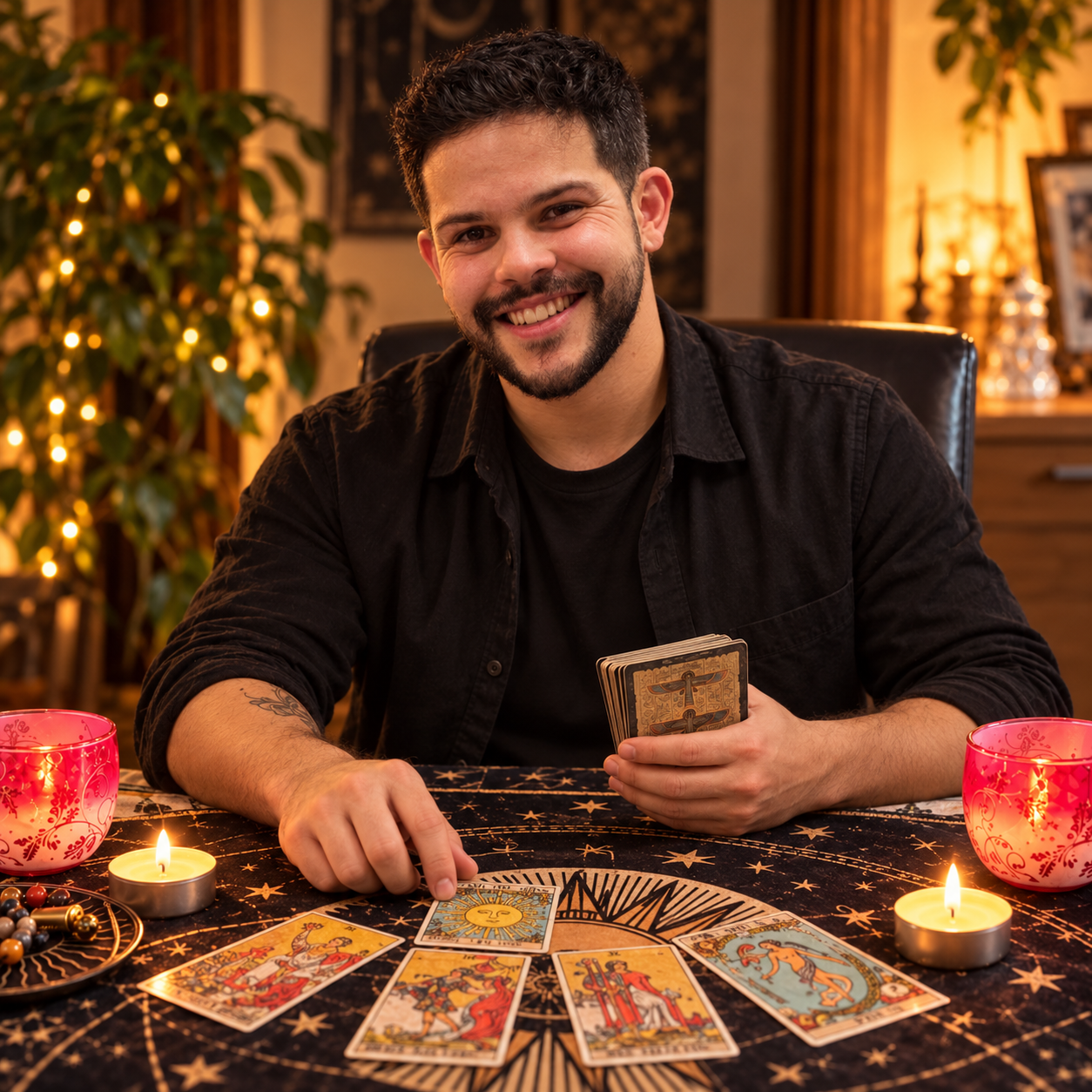 Eduardo numa consulta de Tarot, rodeado por cartas e velas